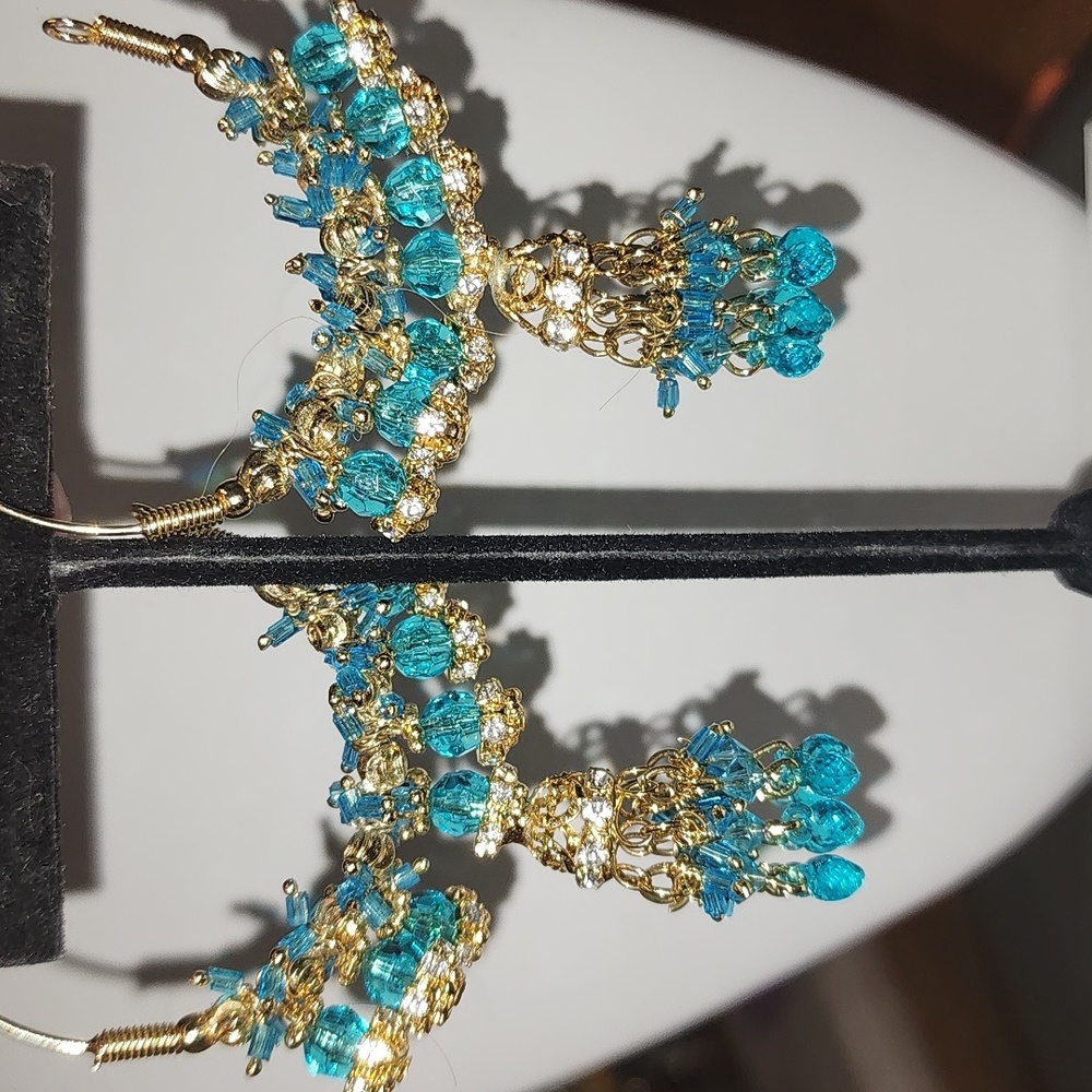 Jhumpka Blue Beaded and Goldtone Dangle Hoop Pierced Earrings - Picture 4 of 5
